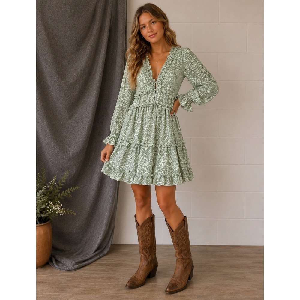 Green Ruffle Babydoll Dress Size S Forest Fairy Whimsical Bohemian Long Sleeve